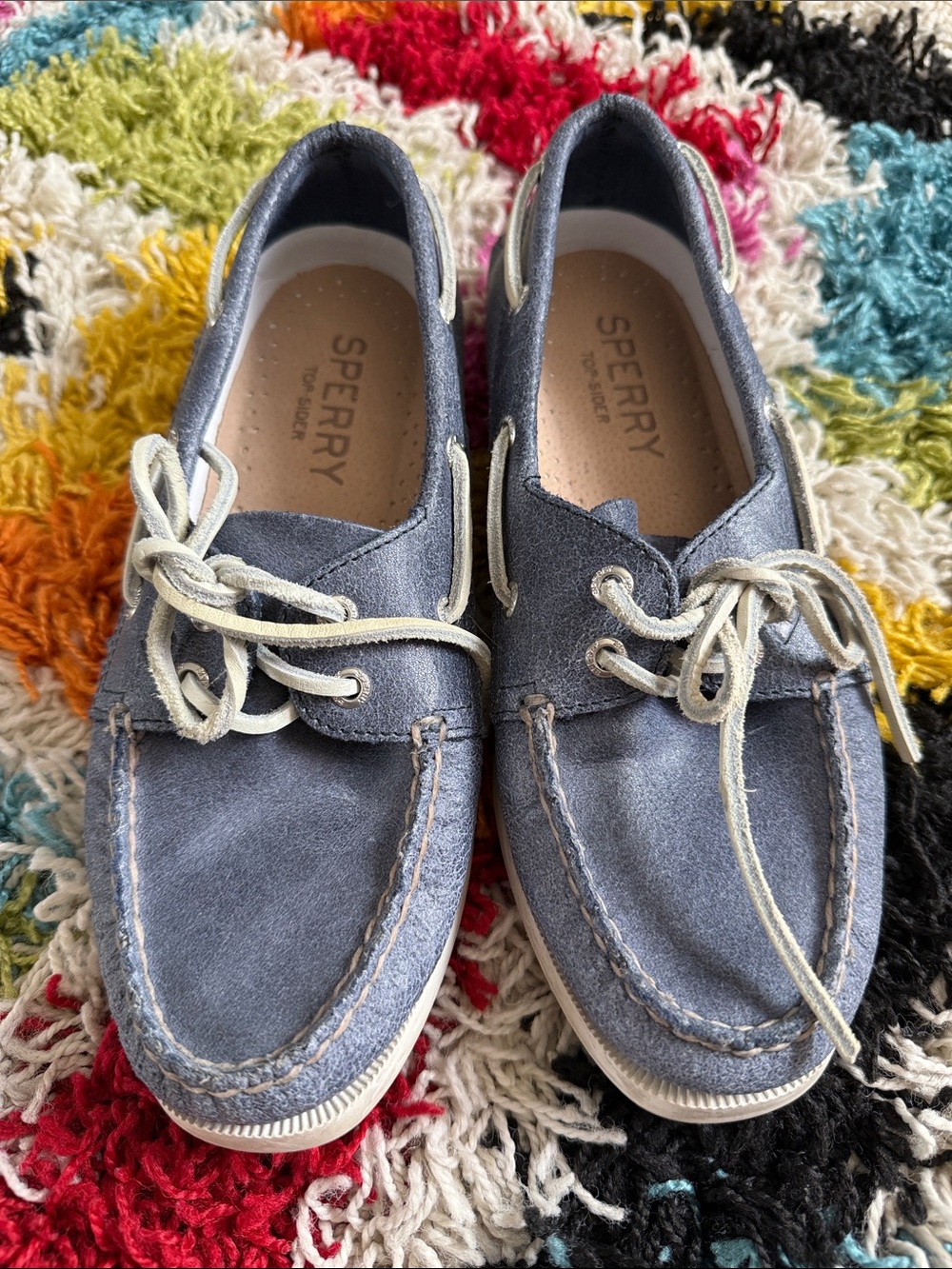 Sperry Blue Suede Boat Shoes with Cream Laces